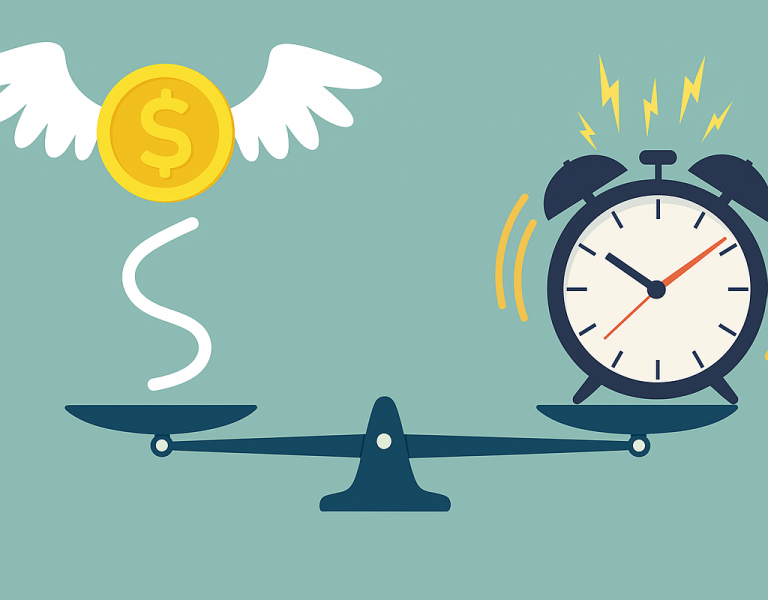 reveil et argent sur une balance